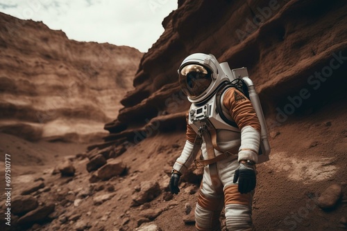 An inquisitive astronaut in a space suit explores and researches Martian terrain. Generative AI