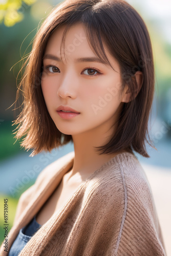 Portrait of beautiful Japanese women in asymmetric angled bob in rose gold adds a burst of color when paired with a bold color-blocked sweater.