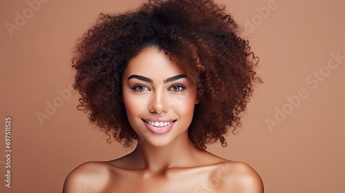 delightful beautiful young black american girl model with curly afro hairstyle and smooth skin beauty portrait created with Generative AI Technology