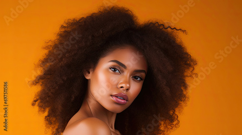 delightful beautiful young black american girl model with curly afro hairstyle and smooth skin beauty portrait created with Generative AI Technology