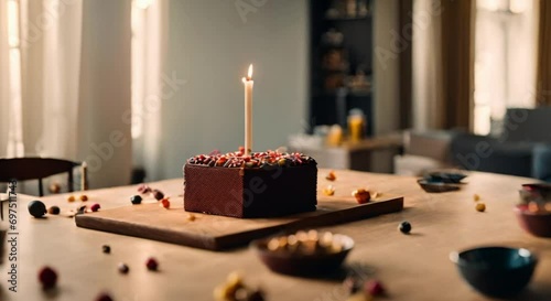 cut chocolate birthday cake,delicious birthday cake on the table photo