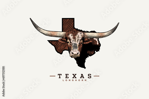 Texas longhorn color illustration with map