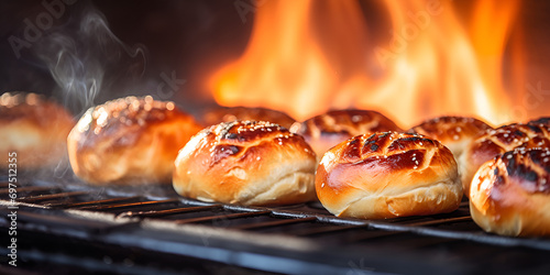 dogs on the grill,A group of breads sitting in an oven with a fire in the background AI Generated,Freshly baked bread on a dark background Selective focus Toned,Buns in a pan with a fire in the backgr photo
