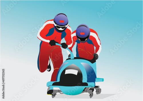 Fototapeta Naklejka Na Ścianę i Meble -  Two men team bobsleigh. 3d vector color hand drawn  illustration