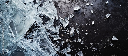 A textured overlay of white sharp shards on the left, on a black surface with shattered glass.