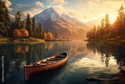 Scenic artwork: Canoe on lake with trees & mountains. Generative AI