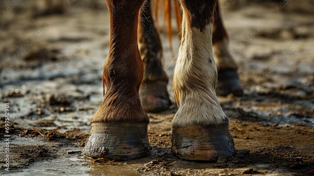 Muddy horse hooves up close.