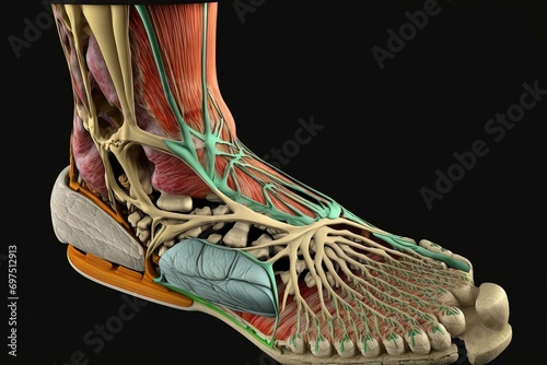 3D foot muscle anatomy for medical education. Generative AI photo