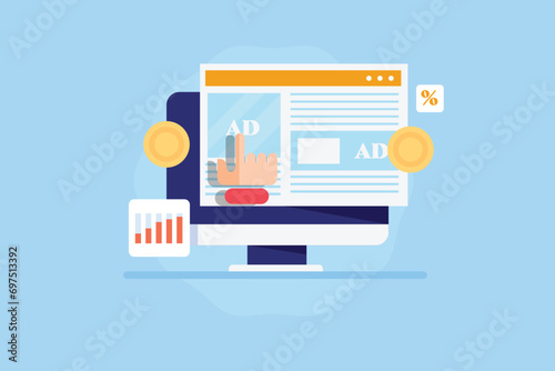 User hand clicks on online display ad. Digital advertising increase CTR, conversion online earning revenue passive income business concept, vector illustration.