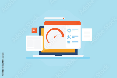 Website performance and testing online software tool, webpage loading speed test, server response time analysis, SEO optimization vector illustration web banner. photo
