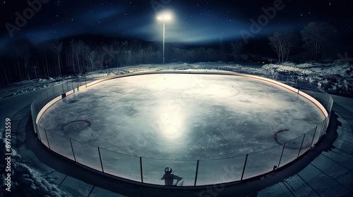 Moonlit Ice Rink  Lofted View of a Hockey Game