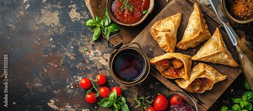 Samosa with sauce and tomatoes, seen from above in a rustic style.