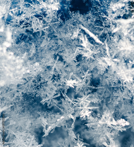 Close-up of snowflakes on a blue background. Macro © schankz