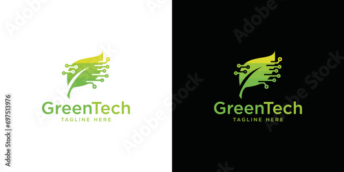 Green Technology Logo. Technology Concept Vector Design With Combination Of Green Leaves And Technology Network Icons, Fast Leaf technology logo