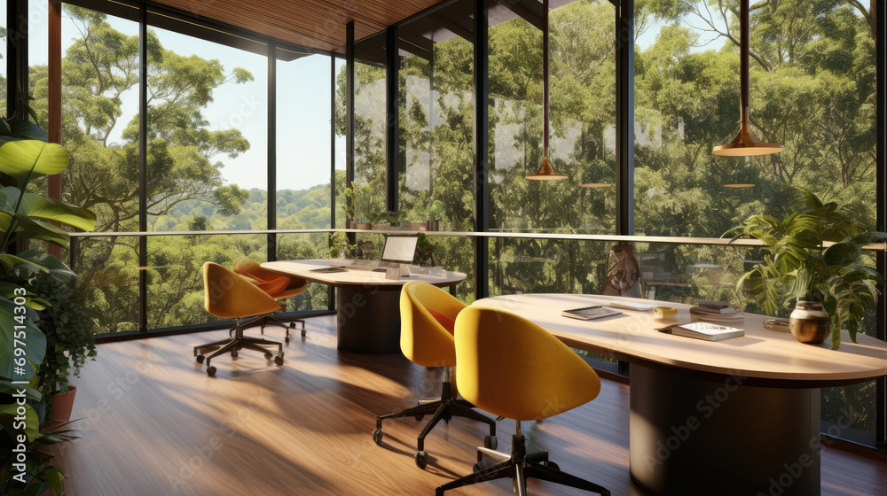 Fototapeta premium Rainforest Canopy Workspace: Elevated Desk with Views