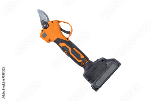 Red garden battery powered pruning shears, secateurs, pruner isolated on a white background. Gardening electric tool equipment. Pruning of vineyard or fruit tree. Top view.