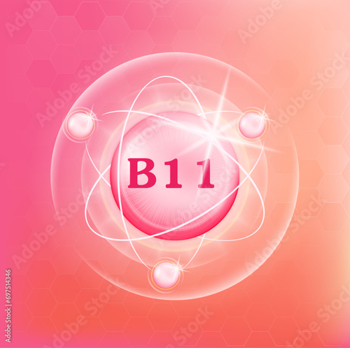 Vitamin B11 icon structure light pink substance. Medicine health symbol of thiamine. Drug business concept. Vector Illustration. 3D Vitamin complex with chemical formula. Personal care, beauty concept