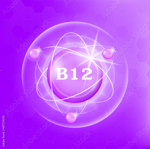Vitamin B12 icon structure purple substance of butterfly pea. Medicine health symbol of thiamine. Drug business concept. Vector Illustration. 3D. Complex with chemical formula. Personal care, beauty.	