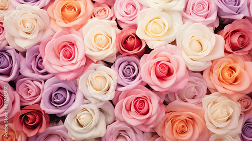 Colorful Roses flowers bloom in a beautiful floral garden field with soft pastel colors created with Generative AI Technology 