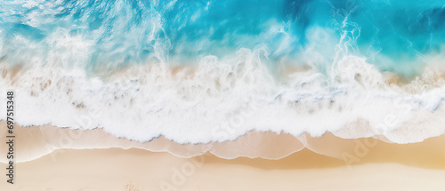 Top view of tropical beach side with sea waves and foam. Summer theme banner. Copy space for text. Generative AI