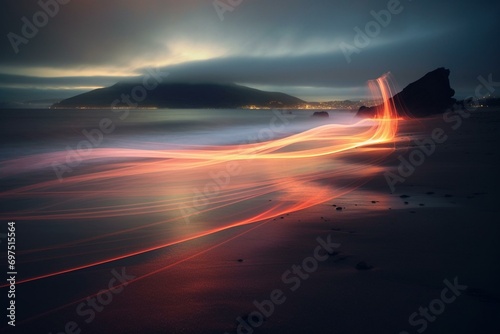 long exposure photo with streaks of light above moving forms. Generative AI