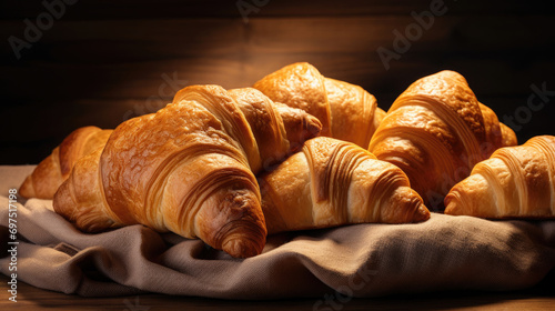 Delicious fresh croissant bread bakery on wooden table created Generative AI Technology photo