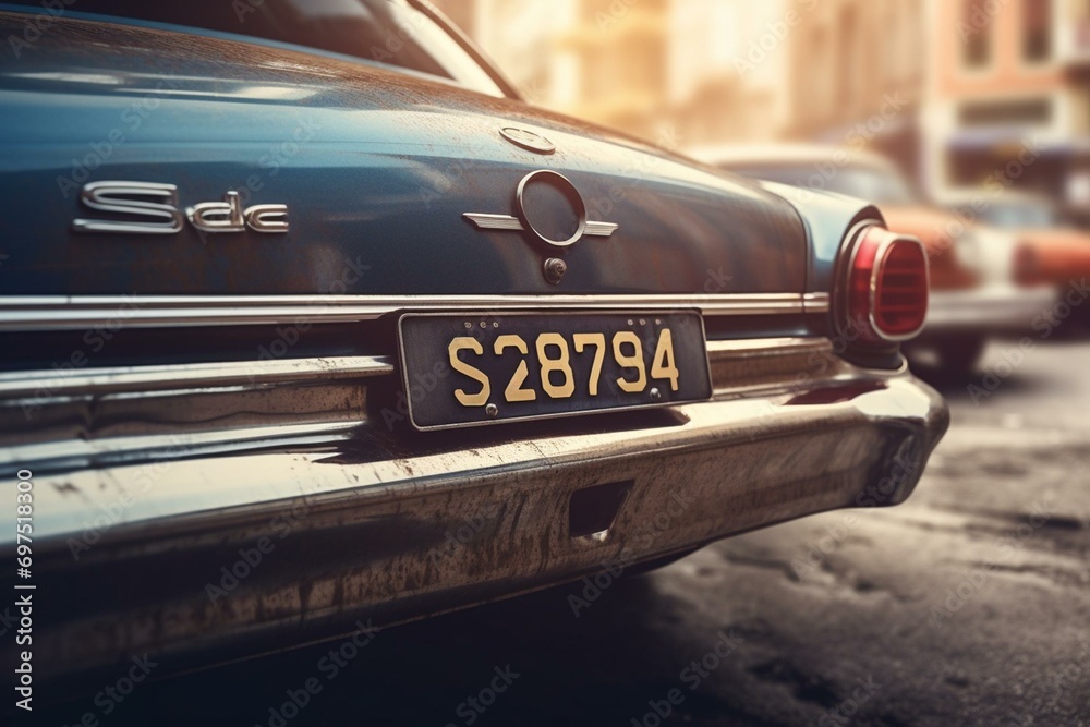 Vintage car license plates spell out the word 'speed' in this concept image. Generative AI - obrazy, fototapety, plakaty 