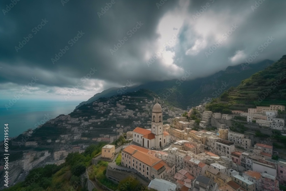 Timelapse of Amalfi city, Italy with moving clouds. Generative AI