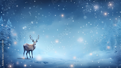 Christmas Background with decoration for new year celebration and copy space.Christmas banner with magical scene of reindeer in show with Christmas lights and stars with copy space,generative ai