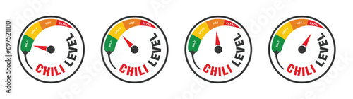 Set of chillies spicy level mild, spicy, hot, extra, icon vector with speedometer logo design style