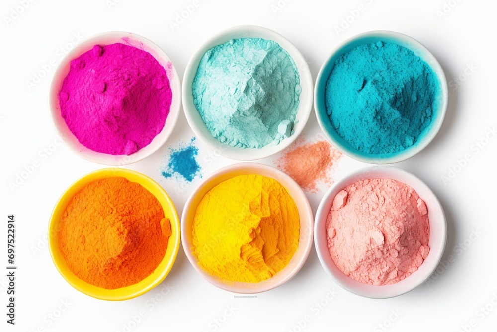 traditional Happy holi powder in bowls isolated on white traditional Happy holi powder in bowls isolated on white