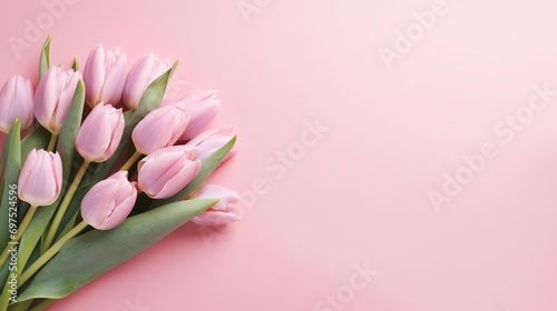 Bouquet of pink tulips flowers on pastel pink background
