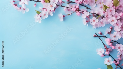 spring cherry blossom branches on turquoise blue background