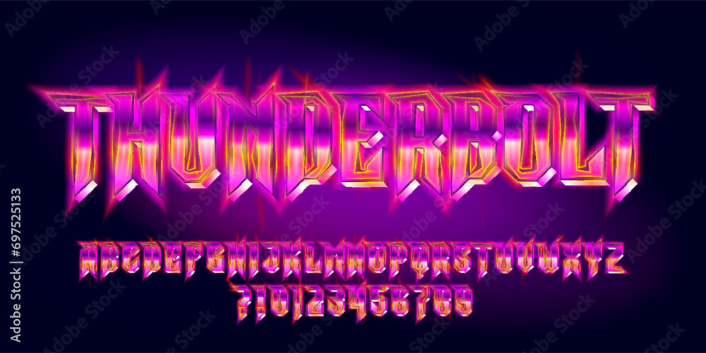 Thunderbolt alphabet font. Glowing neon letters and numbers in heavy metal style. Retro typescript for your typography design. - obrazy, fototapety, plakaty 