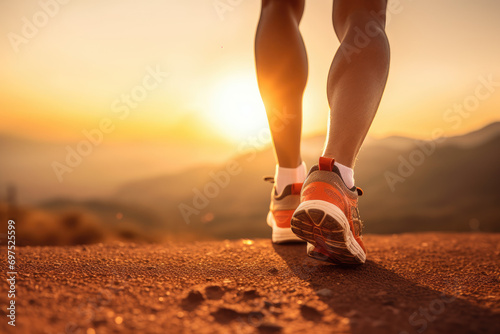 Close-up at the runner feet is start running forward to the beautiful view of mountain
