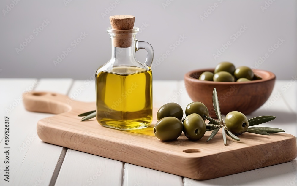 Recipiente con aceite de oliva sobre fondo blanco