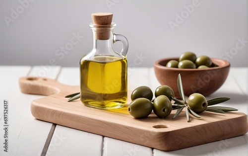 Recipiente con aceite de oliva sobre fondo blanco