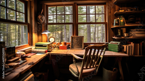 Rustic Cabin Workspace - Antique Wooden Desk with Rustic Charm