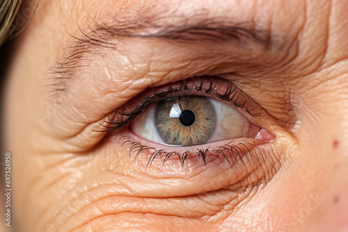 Close up of woman's wrinkled eye with hooded eyelid photo