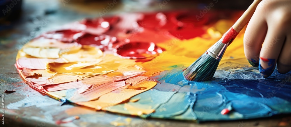 Child's hand dips paint brush into palette, painting on mulberry paper umbrella.