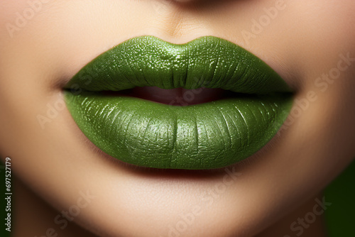 Close up of woman's mouth with green St. Patrick's Day lipstick photo