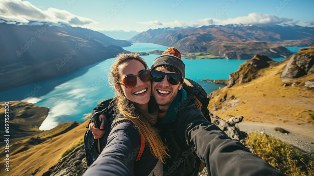 Tourist couple taking selfie with beautiful nature during summer vacation. Travel concept