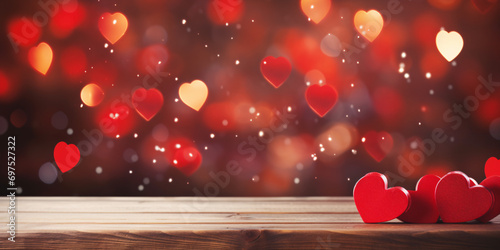 Valentine's day banner wirh red hearts on wooden planks with heart bokeh lights photo