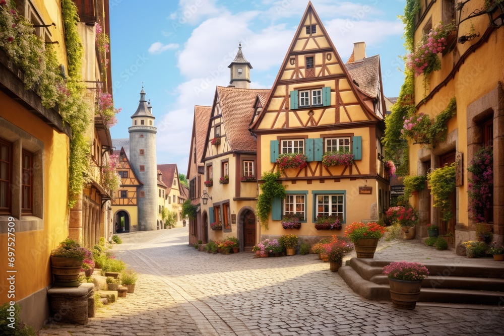 Old town of Rothenburg ob der Tauber, Bavaria, Germany, A charming, cobblestoned European village with bright, quaint houses, AI Generated