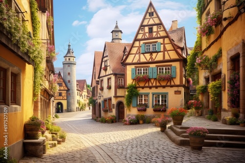 Old town of Rothenburg ob der Tauber  Bavaria  Germany  A charming  cobblestoned European village with bright  quaint houses  AI Generated