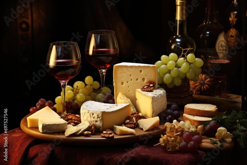 Cheese composition with grapes, nuts and red wine on wooden background, A cheese platter with grapes, nuts and wine, AI Generated