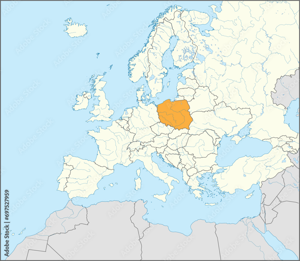 Orange CMYK national map of POLAND inside detailed beige blank political map of European continent with rivers and lakes on blue background using Mercator projection