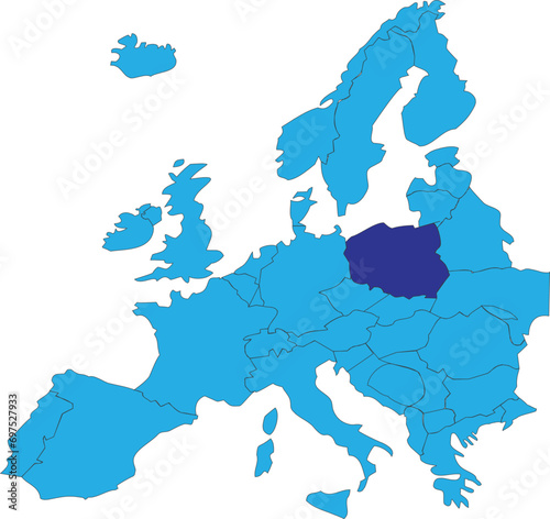 Dark blue CMYK national map of POLAND inside simplified blue blank political map of European continent on transparent background using Peters projection