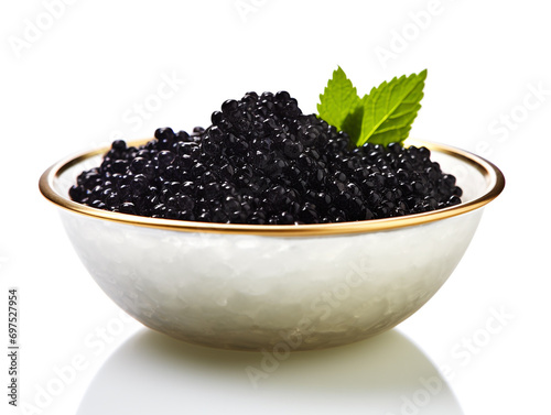 Black caviar close up on a white background. Served in a bowl.