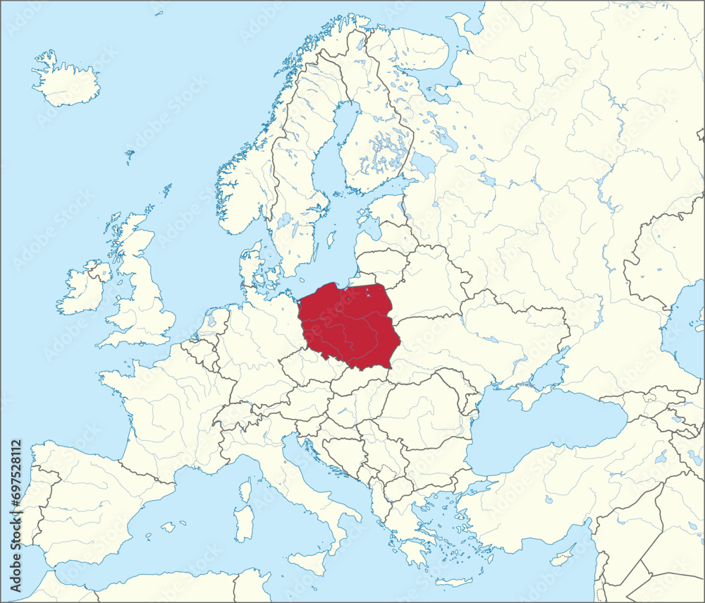Fototapeta premium Red CMYK national map of POLAND inside detailed beige blank political map of European continent with rivers and lakes on blue background using Mercator projection